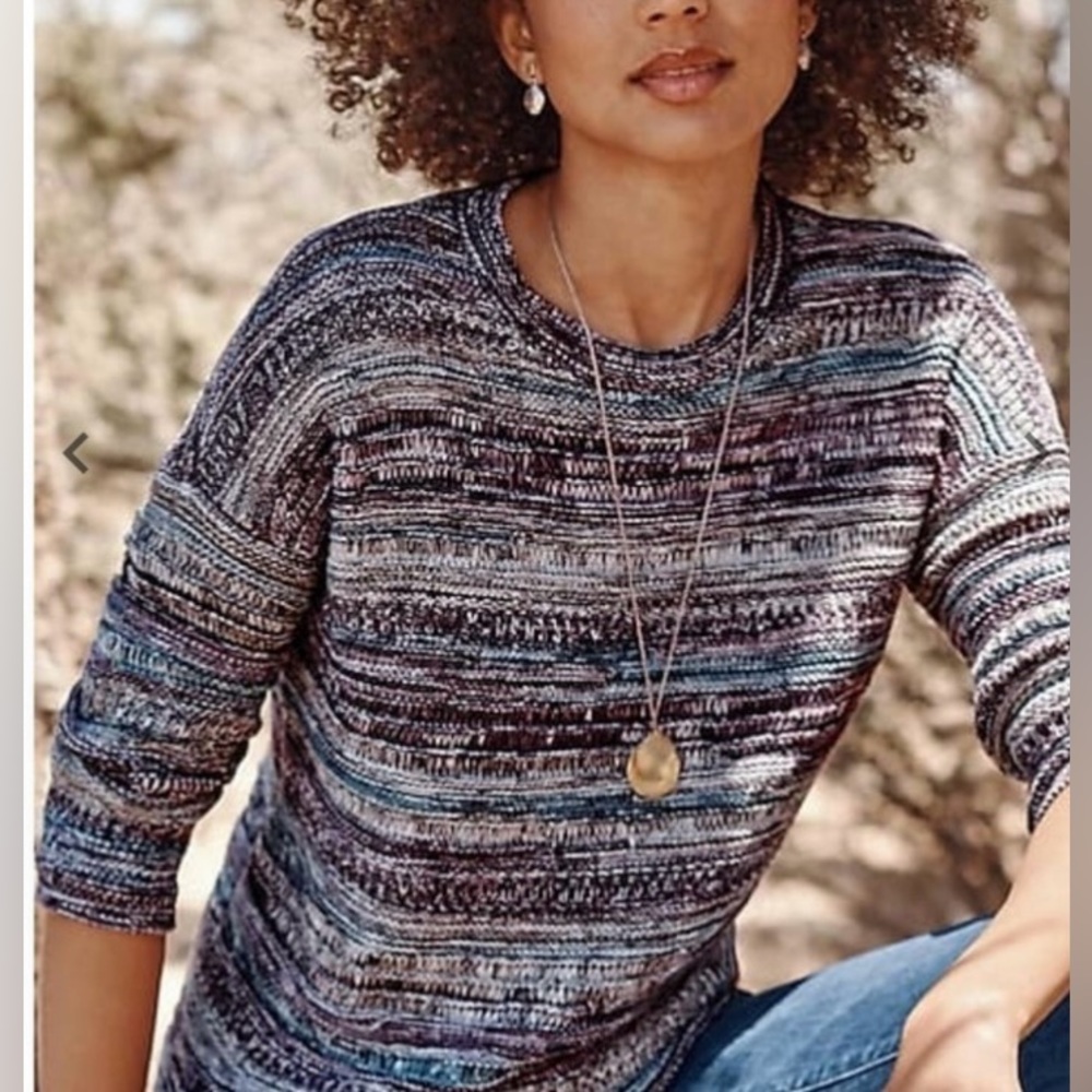 J. Jill Mixed-Textures Intarisa Colorful 3/4 Sleeve Crewneck Cotton Sweater